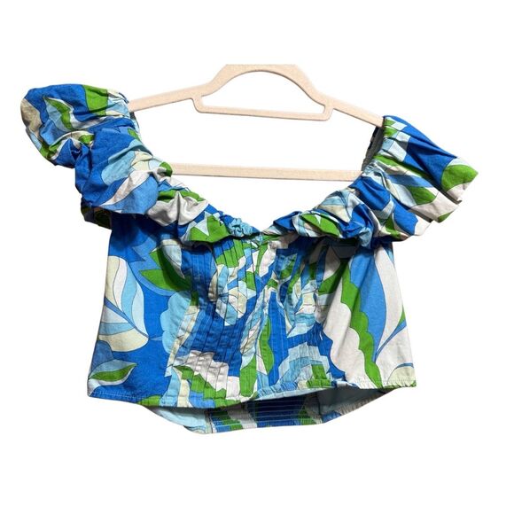Maeve by Anthropologie Puff-Sleeve Cropped Blouse Tropical Floral Ruffle Sz  M B - Picture 10 of 13